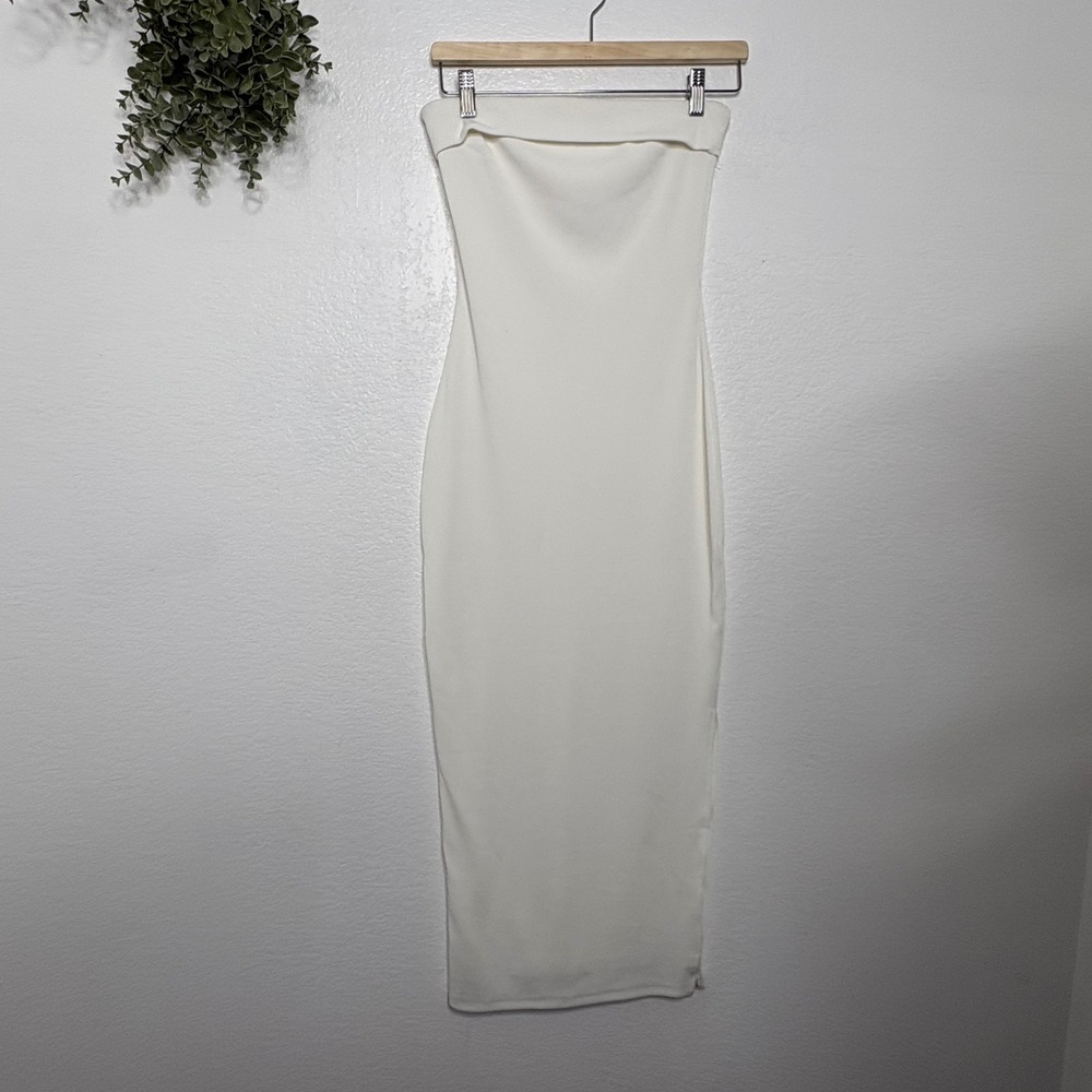 PrettyGarden White Strapless Ribbed Bodycon Midi Dress Side Slit XS - Picture 2 of 8
